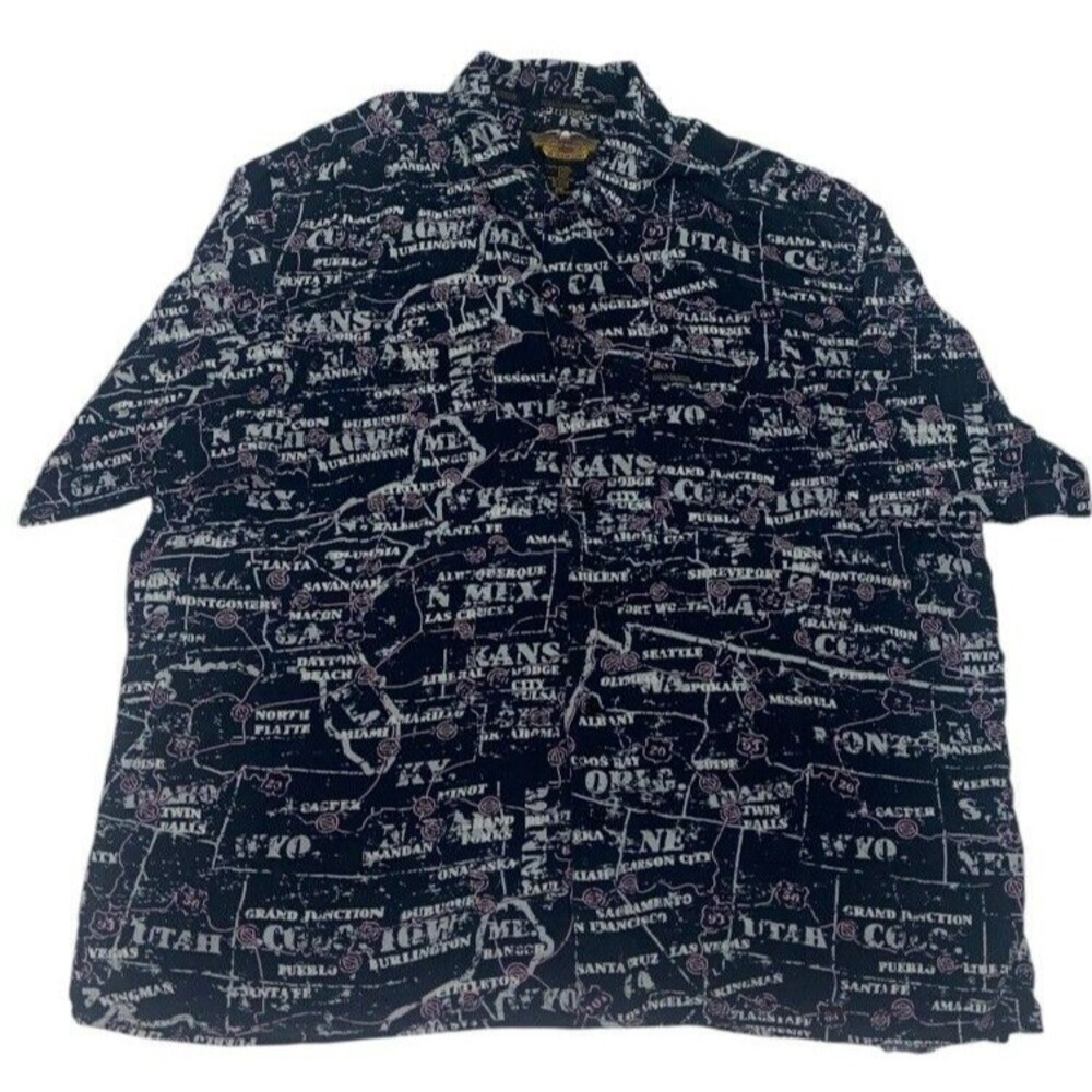 Harley Davidson Button Up Shirt Hawaiian Men's XXL Black Map AOP Bikercore